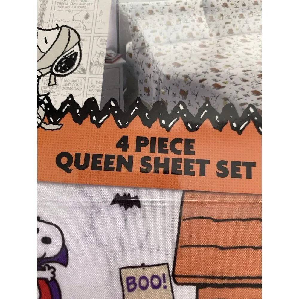 Peanuts Snoopy Woodstock Halloween QUEEN Size Sheet Set Doghouse Pumpkin Moon‎